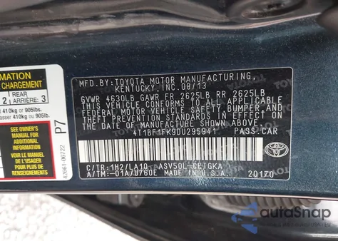 2013 Toyota Camry Xle из США, поврежденный, VIN 4T1BF1FK9DU295941